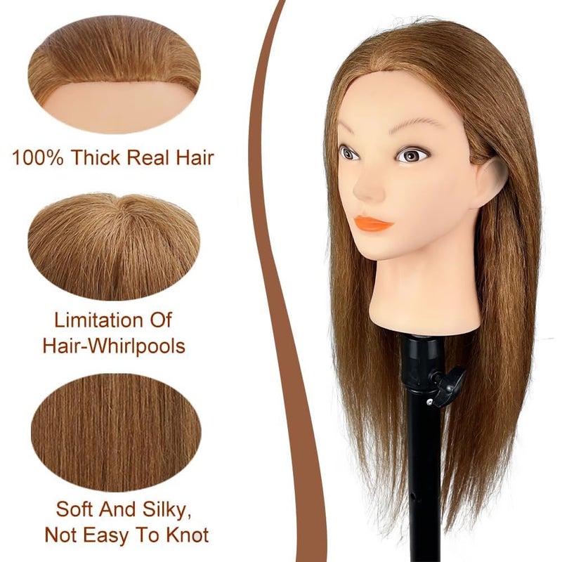 Opini Mannequin Head with 100% Real Human Hair Cosmetology Mannequin Doll Head for Practice Braiding Hairdresser Head with Stand and Tool (#Light Brown) - Image 2